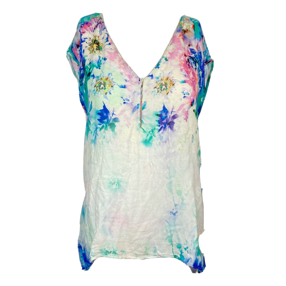 Promod Shirt Womens Sz S White‎ Floral Watercolor Short Sleeve V Neck